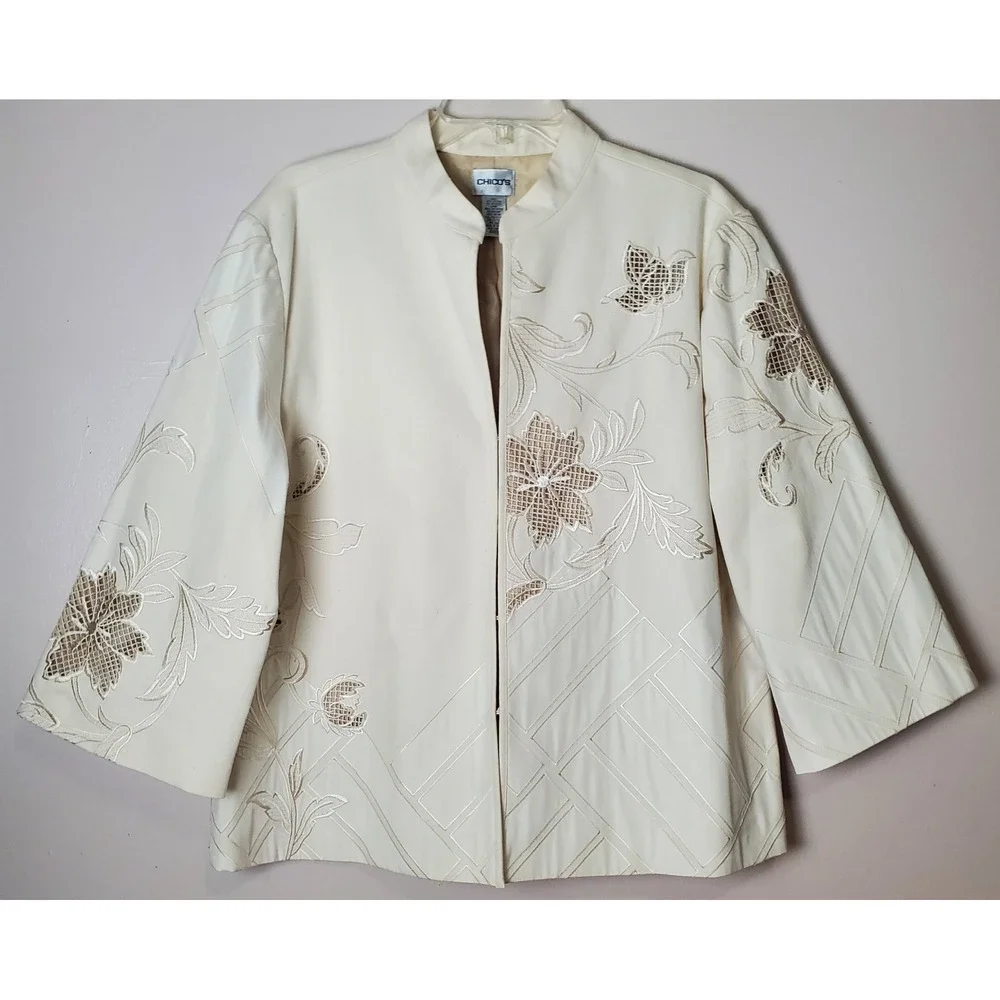 Chico's 3‎ XL Ivory Neutral Embroidered Floral Spring Summer Jacket 3/4 Sleeves